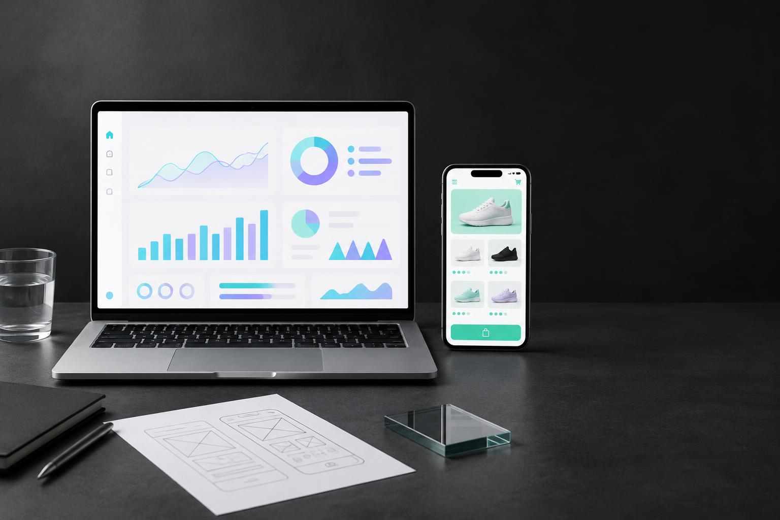 Illustrative laptop dashboard and mobile shopping application on a product design desk