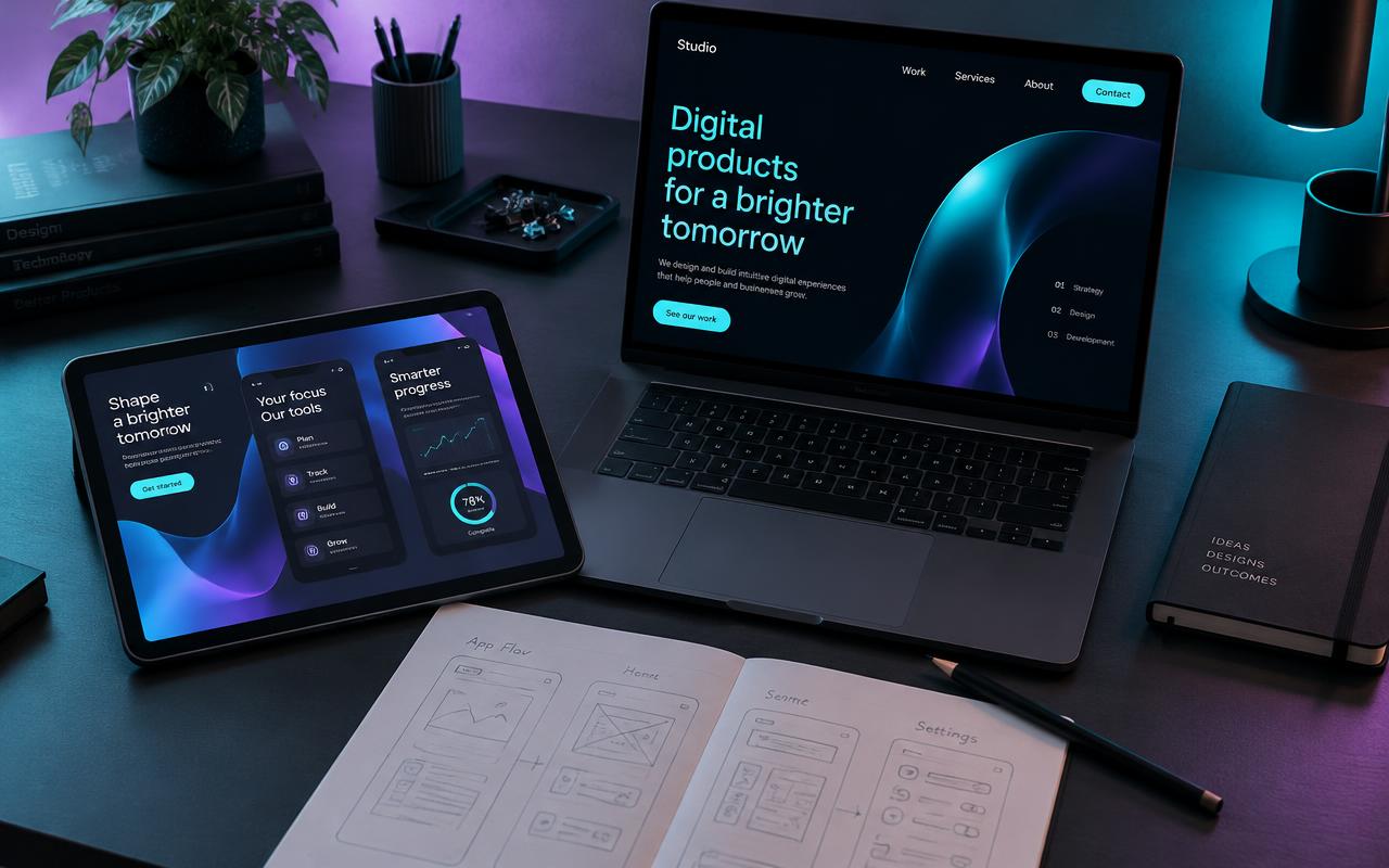 Illustrative product design workspace with app screens and wireframe sketches